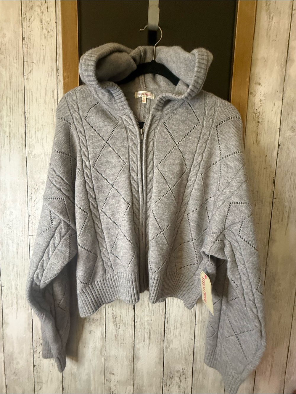 NWT Stella Tweed Gray Cable-Knit Hooded Full Zip Sweater V-Neck XL